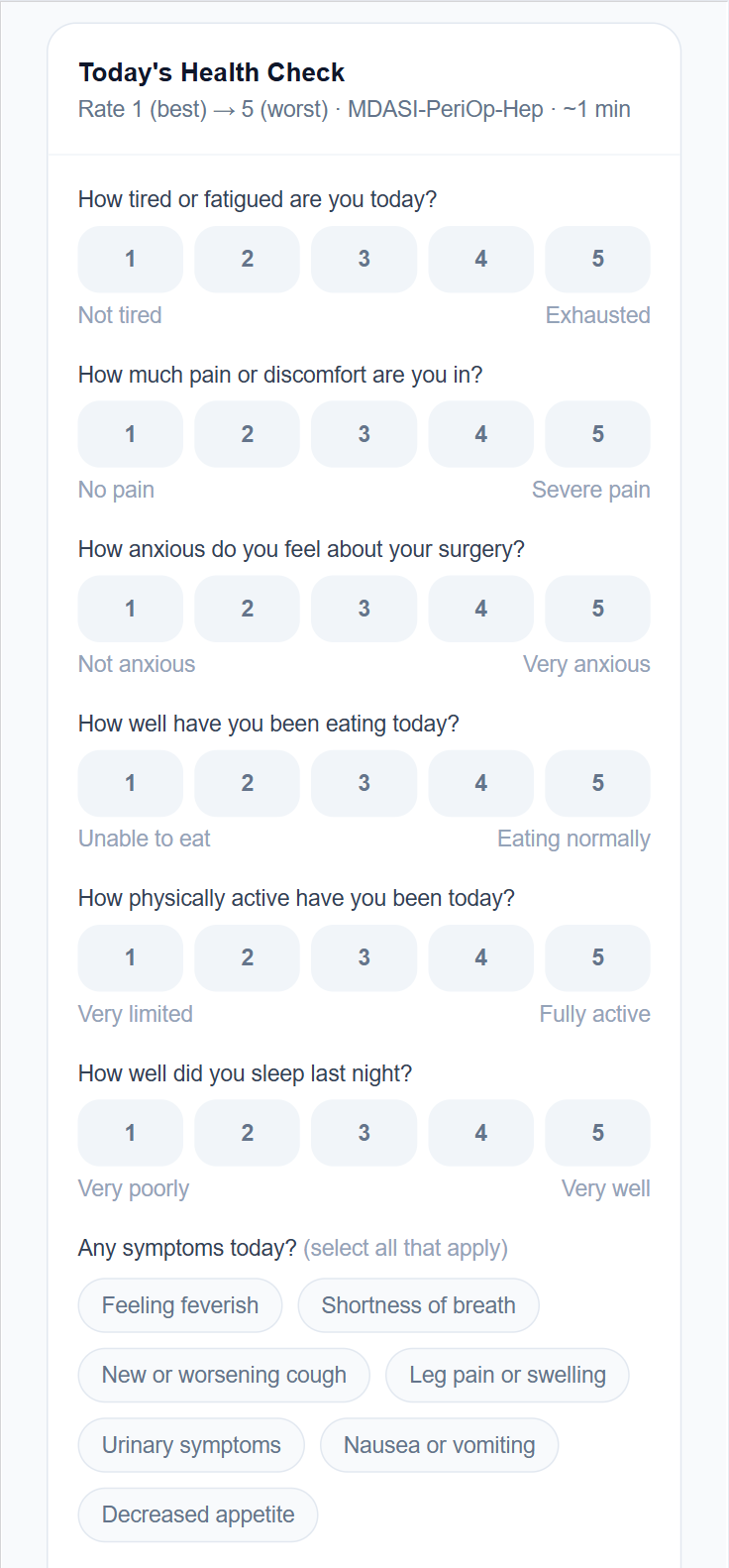 Patient daily health check: fatigue, pain, anxiety about surgery, eating, physical activity, and sleep — rated 1-5 with symptom checklist