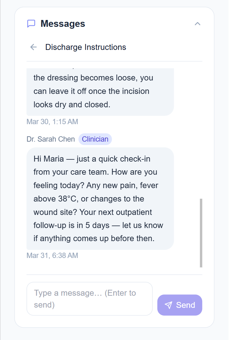 Patient mobile app messages view showing discharge instructions from care team